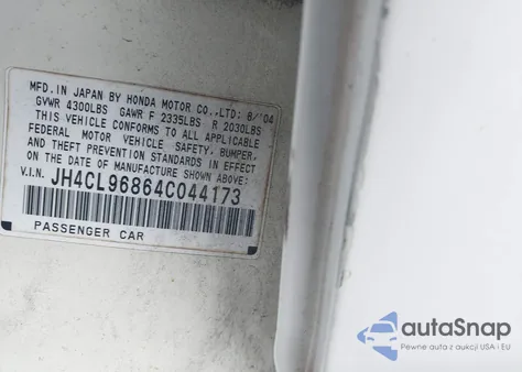 2004 Acura Tsx z USA, uszkodzony, nr VIN JH4CL96864C044173